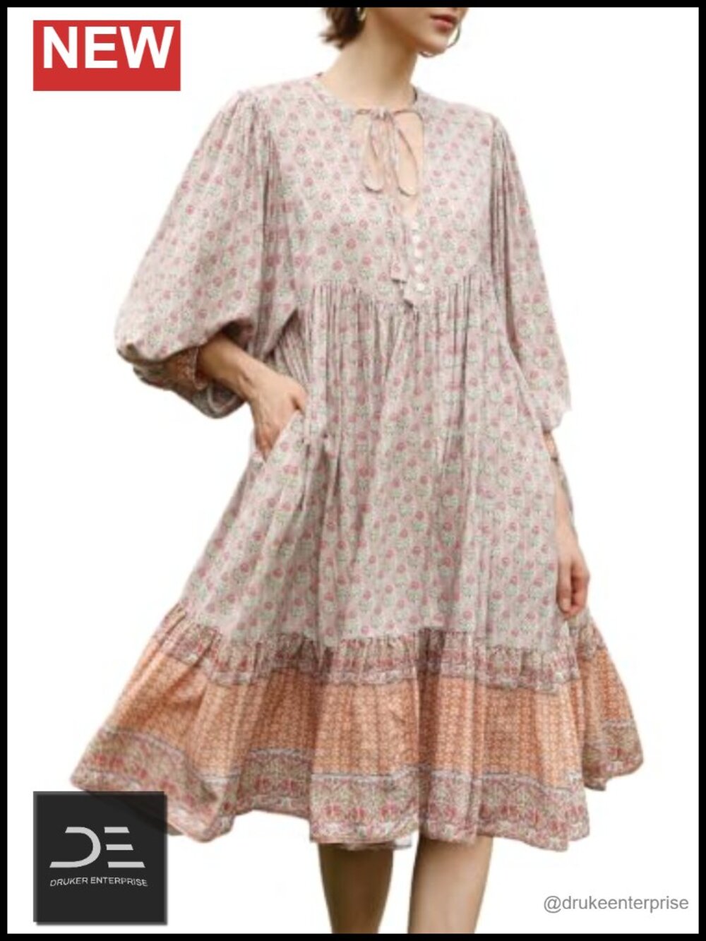 Womens Boho Floral Babydoll Dress 3/4 Puff Sleeve V-Neck Knee Length